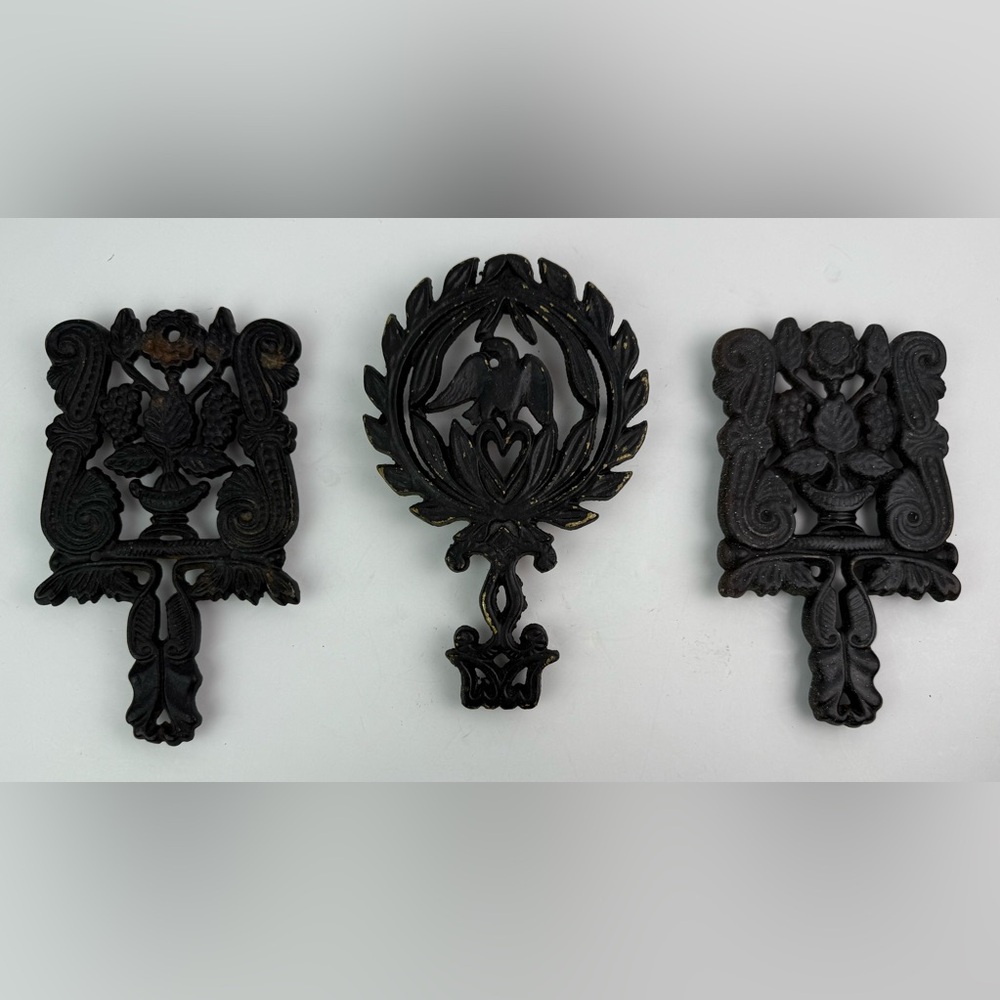 Vintage Set of Three Cast Iron Trivets/Wall Hangings - Grapes & Eagle‎ Design